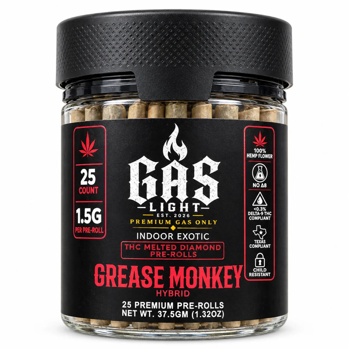 Gas Light THC Melted Diamond Pre-Rolls 1.5g 25ct Jar