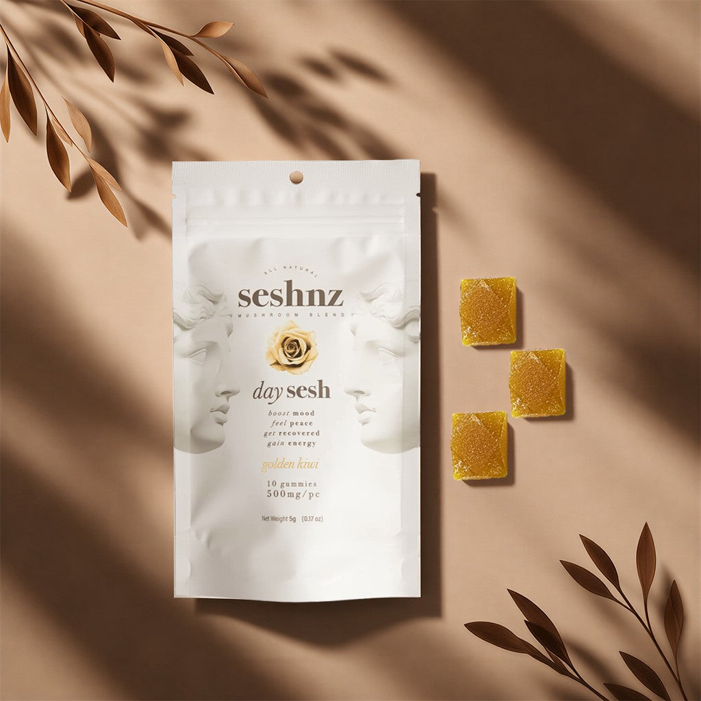 Seshnz Day Sesh Mushroom Blend Gummies Golden Kiwi 10ct bag