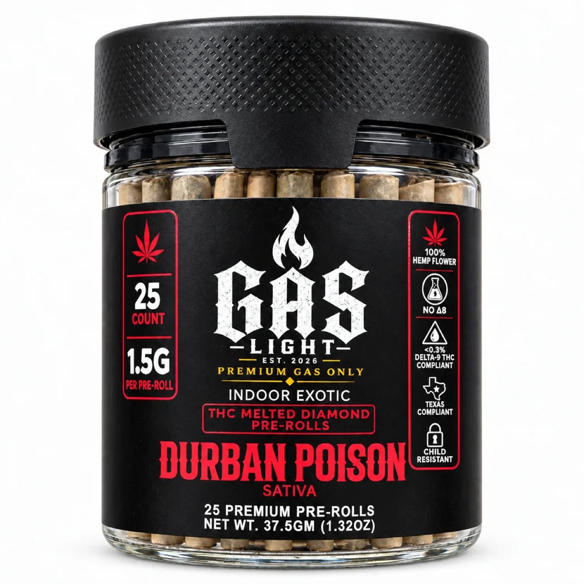Gas Light THC Melted Diamond Pre-Rolls 1.5g 25ct Jar