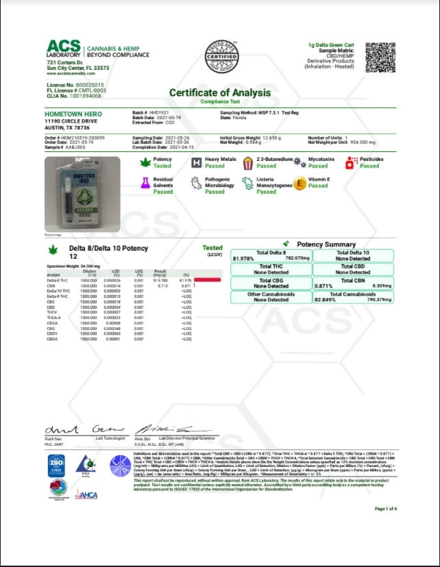 Hometown Hero Delta 8 THC Carts – 1g