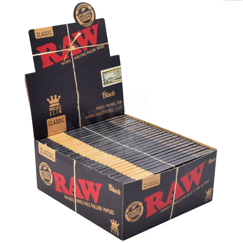 Raw Black King Size Slim Classic Rolling Paper 32 Leaves Per Pack - 50 Packs Per Box