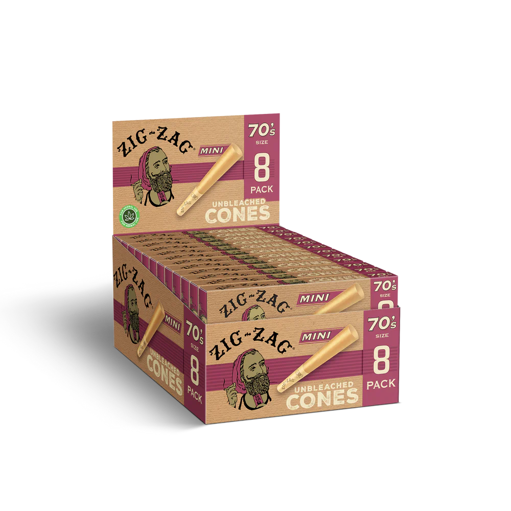 Zig Zag Mini Unbleached Cones 70mm - 8 Cones Per Pack - 18 Packs Per Display