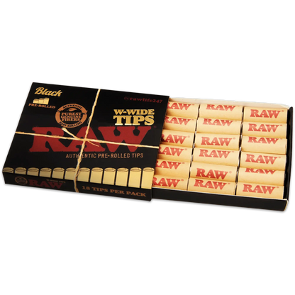 Raw Black - Pre Rolled Wide Tips - 18 Piece Per Pack (Single Pack or Box of 20 Packs)