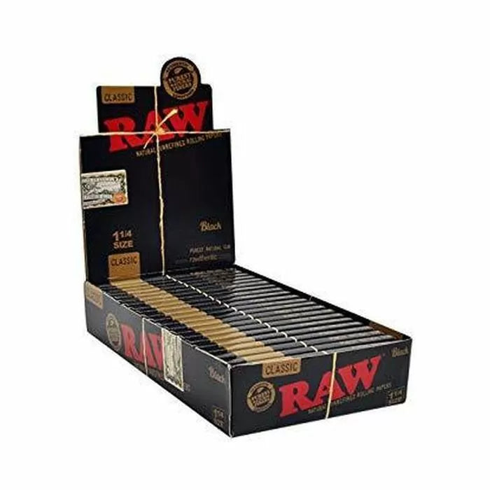 Raw Classic Black - 1.25 Size - Natural Unrefined Ultra Thin 79mm Rolling Papers - 24 Packs Per Box